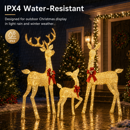 3-Piece Champagne Gold Lighted Reindeer Family Christmas Decoration 210 Warm White LED Metal Stag Doe Fawn Set Dual Powered by Solar Panel or AU Plug IPX4 Waterproof Outdoor Christmas Deer Decorations for Yard Lawn Garden