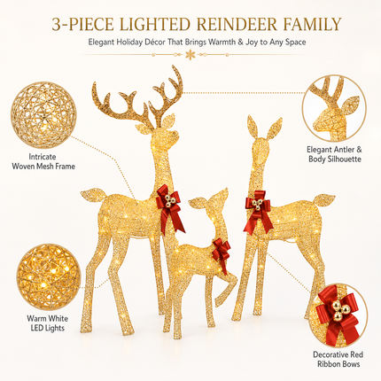 3-Piece Champagne Gold Lighted Reindeer Family Christmas Decoration 210 Warm White LED Metal Stag Doe Fawn Set Dual Powered by Solar Panel or AU Plug IPX4 Waterproof Outdoor Christmas Deer Decorations for Yard Lawn Garden