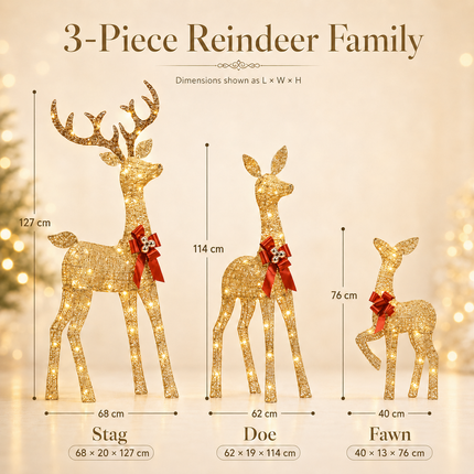 3-Piece Champagne Gold Lighted Reindeer Family Christmas Decoration 210 Warm White LED Metal Stag Doe Fawn Set Dual Powered by Solar Panel or AU Plug IPX4 Waterproof Outdoor Christmas Deer Decorations for Yard Lawn Garden