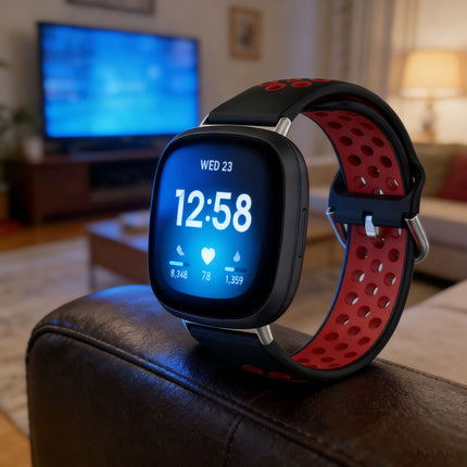 Black & Red Fitbit Versa 3, Versa 4 & Sense,  Sense2 Watch Strap Replacement Silicone Sports Wrist Band