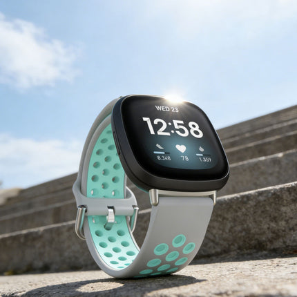 Grey & Cyan Fitbit Versa 3, Versa 4 & Sense,  Sense2 Watch Strap Replacement Silicone Sports Wrist Band