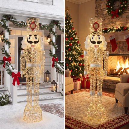 150cm Champagne Gold Lighted Christmas Nutcracker Soldier Metal Plug-In LED Standing Xmas Decoration with 2m Power Cord for Home Entryway Living Room Shopfront and Holiday Display
