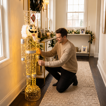 150cm Champagne Gold Lighted Christmas Nutcracker Soldier Metal Plug-In LED Standing Xmas Decoration with 2m Power Cord for Home Entryway Living Room Shopfront and Holiday Display