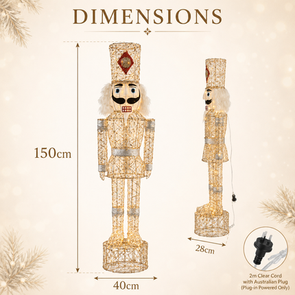 150cm Champagne Gold Lighted Christmas Nutcracker Soldier Metal Plug-In LED Standing Xmas Decoration with 2m Power Cord for Home Entryway Living Room Shopfront and Holiday Display