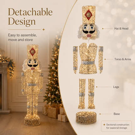 150cm Champagne Gold Lighted Christmas Nutcracker Soldier Metal Plug-In LED Standing Xmas Decoration with 2m Power Cord for Home Entryway Living Room Shopfront and Holiday Display