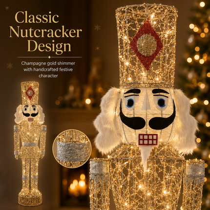 150cm Champagne Gold Lighted Christmas Nutcracker Soldier Metal Plug-In LED Standing Xmas Decoration with 2m Power Cord for Home Entryway Living Room Shopfront and Holiday Display