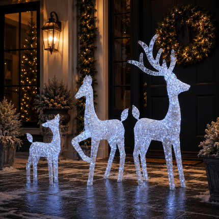 3-Piece Lighted White Christmas Reindeer Family  Detachable LED Stag Doe Fawn Set with Champagne Glitter Plug-In LED Standing Reindeer Xmas Decoration for Home, Entryway, Living Room, Shopfront and Holiday Display