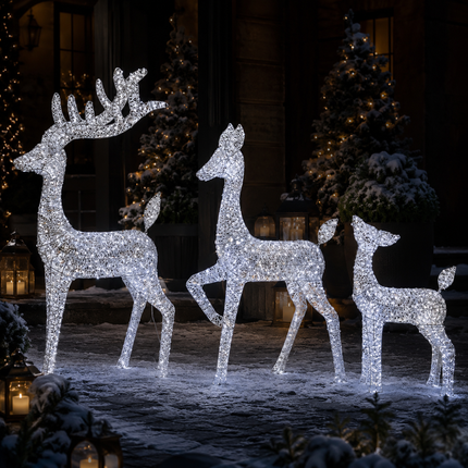 3-Piece Lighted White Christmas Reindeer Family  Detachable LED Stag Doe Fawn Set with Champagne Glitter Plug-In LED Standing Reindeer Xmas Decoration for Home, Entryway, Living Room, Shopfront and Holiday Display