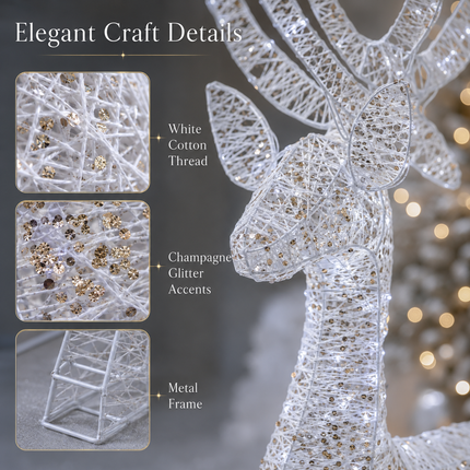 3-Piece Lighted White Christmas Reindeer Family  Detachable LED Stag Doe Fawn Set with Champagne Glitter Plug-In LED Standing Reindeer Xmas Decoration for Home, Entryway, Living Room, Shopfront and Holiday Display