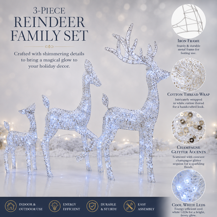 3-Piece Lighted White Christmas Reindeer Family  Detachable LED Stag Doe Fawn Set with Champagne Glitter Plug-In LED Standing Reindeer Xmas Decoration for Home, Entryway, Living Room, Shopfront and Holiday Display