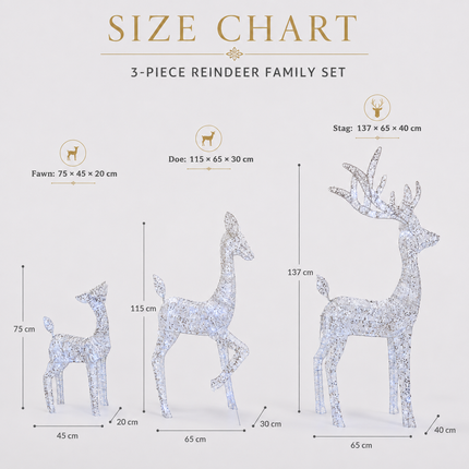 3-Piece Lighted White Christmas Reindeer Family  Detachable LED Stag Doe Fawn Set with Champagne Glitter Plug-In LED Standing Reindeer Xmas Decoration for Home, Entryway, Living Room, Shopfront and Holiday Display