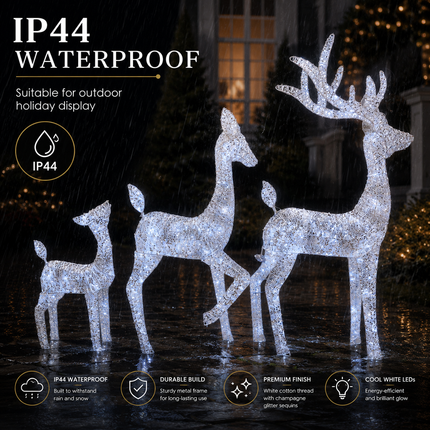 3-Piece Lighted White Christmas Reindeer Family  Detachable LED Stag Doe Fawn Set with Champagne Glitter Plug-In LED Standing Reindeer Xmas Decoration for Home, Entryway, Living Room, Shopfront and Holiday Display