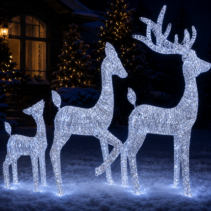 3-Piece Lighted White Christmas Reindeer Family  Detachable LED Stag Doe Fawn Set with Champagne Glitter Plug-In LED Standing Reindeer Xmas Decoration for Home, Entryway, Living Room, Shopfront and Holiday Display