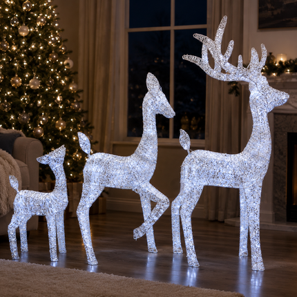 3-Piece Lighted White Christmas Reindeer Family  Detachable LED Stag Doe Fawn Set with Champagne Glitter Plug-In LED Standing Reindeer Xmas Decoration for Home, Entryway, Living Room, Shopfront and Holiday Display