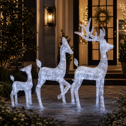 3-Piece Lighted White Christmas Reindeer Family  Detachable LED Stag Doe Fawn Set with Champagne Glitter Plug-In LED Standing Reindeer Xmas Decoration for Home, Entryway, Living Room, Shopfront and Holiday Display