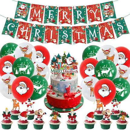 Merry Christmas Party Decoration Set, Banners, Cake & Cupcake Toppers, Balloons