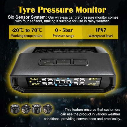Tyre Pressure Monitor System TPMS Solar USB Car LCD Tire Alarm w/ 4 Sensors