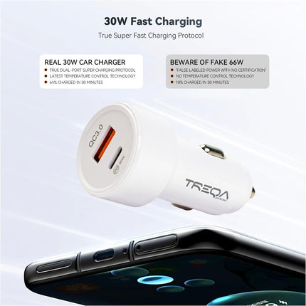 White 48W 2 Port Car Phone Charger Dual USB A C PD Metal 12V Cigarette iPhone Charging