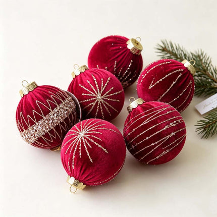 4X Velvet Christmas Balls Xmas Tree Hanging Bauble Ornament Party Decoration 8CM Red