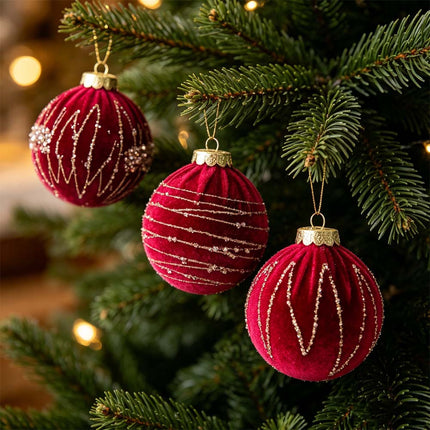 4X Velvet Christmas Balls Xmas Tree Hanging Bauble Ornament Party Decoration 8CM Red