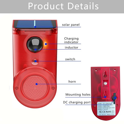 Solar Alarm LED Light Solar Strobe Light Wireless Motion Sensor Detector Outdoor