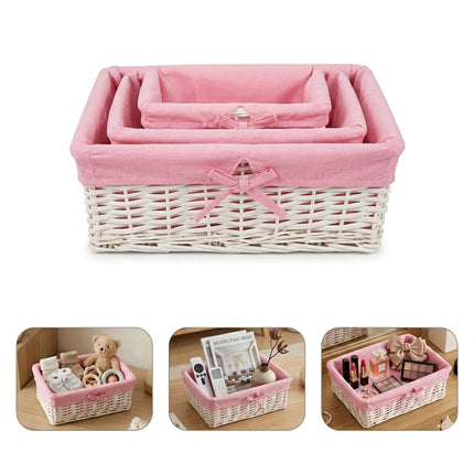 Pink 3 Pcs Wicker Storage Basket Washing Clothes Basket Hamper Picnic Basket set
