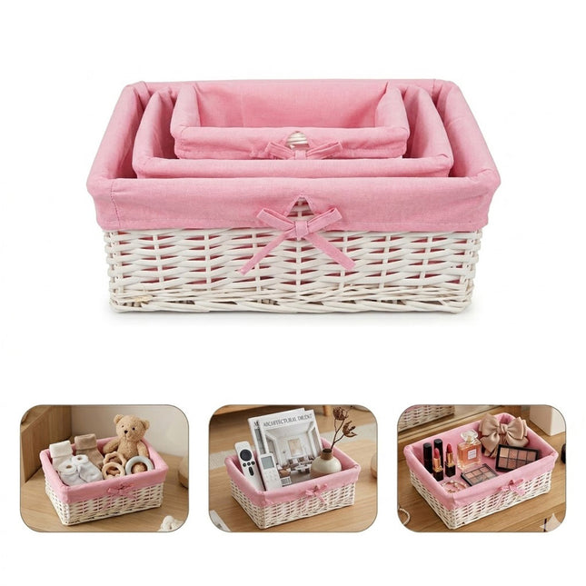Pink 3 Pcs Wicker Storage Basket Washing Clothes Basket Hamper Picnic Basket set