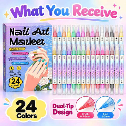 24 Colors Dual-Ended Nail Art Pens Set,24pcs Dual-Ended Pens