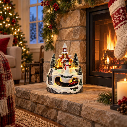 Musical Light-Up Christmas Village House with Moving Train & LED Lights, Resin Holiday Tabletop Decor