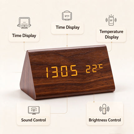 Digital Alarm Clock Wooden Table Desk Bedside LED Clock with Temperature Display