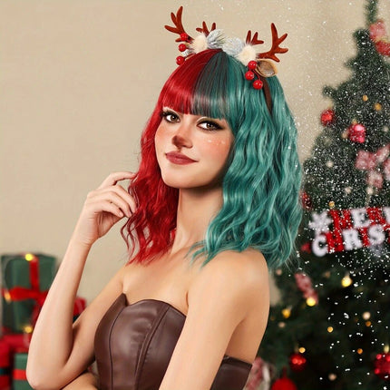 Christmas Wig Red and Green Wig Short Wavy Fun Wigs with Bangs Curly Bob Wigs