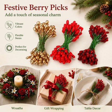 150 Pcs Artificial Berry Stems Double Head Christmas Tree Ornaments Floral Picks