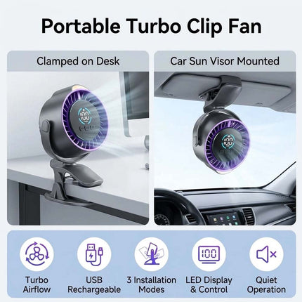 Rechargeable Turbine Clip-On Fan 100-Speed USB Desk Car Fan with LED Display