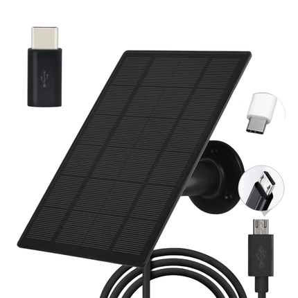 Solar Panel for Outdoor Security Camera, 5V 3W with Micro USB & Type-C Adapter Black