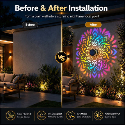 2Pcs Colorful Solar Mandala Wall Light Outdoor Garden Fence Projector Lamp Patio Ambient Light
