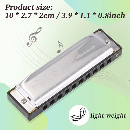 Harmonica 10 Holes Key of C SILVER w/ Case Blues Harp Stainless Steel