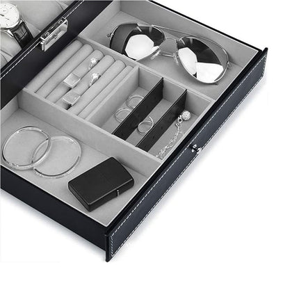 Double Layer Grids Watch Holder Box Carbon Storage Case Jewelry Display Organizer Gift