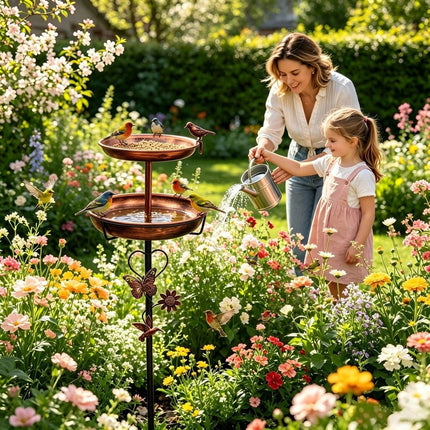 Double Bowl Bird Bath Feeder W/ 5 Prong Freestanding Antique Outdoor Garden Yard