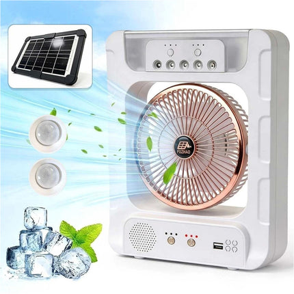 Portable Solar Air Fan Cooler With Humidifier Bluetooth Speaker Camping Light