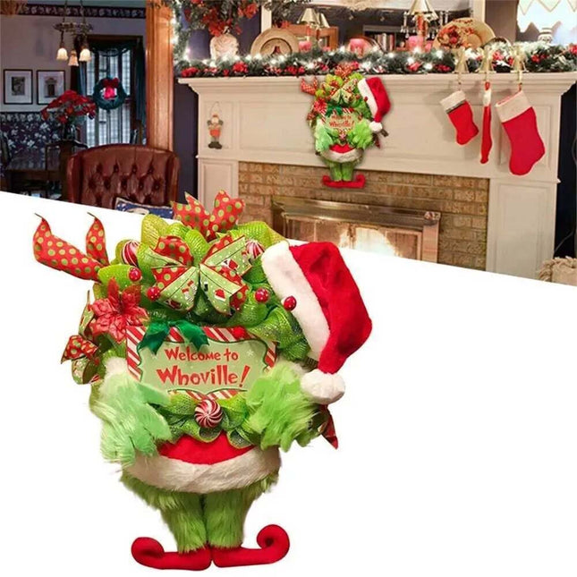 Xmas Grinch‑Themed Outdoor Wreath Hanging Decoration, Christmas Party Ornament