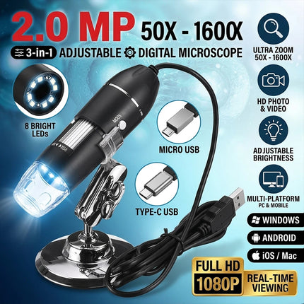 USB Digital Microscope 1600X Magnifying Tool 8 LED Light for Multi System