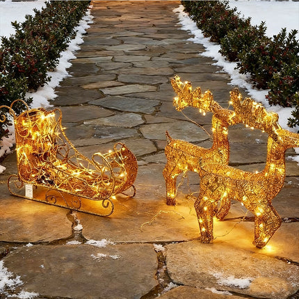 Solar-Powered Set of 3 Christmas Decoration Reindeer and Sleigh LED Yard Xmas