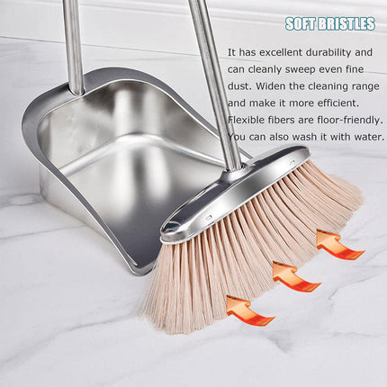 Stainless Steel Broom and Dustpan Set with Long Handle, Upright Heavy Duty
