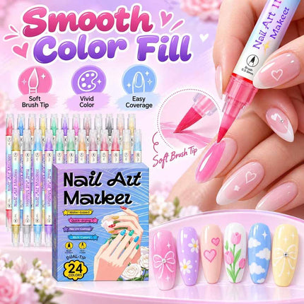 24 Colors Dual-Ended Nail Art Pens Set,24pcs Dual-Ended Pens