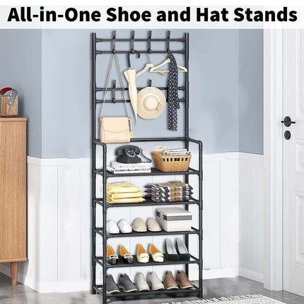 Shoe Rack Storage Cabinet Coat Hat Stand Metal Shelves 16 Pairs Black