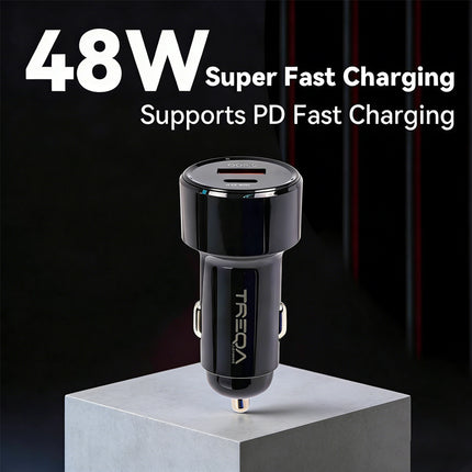 Black 48W 2 Port Car Phone Charger Dual USB A C PD Metal 12V Cigarette iPhone Charging