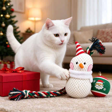 Snowman Christmas Dog Toy Set with Durable Cotton Rope and Soft Plush Ball Chew Toys