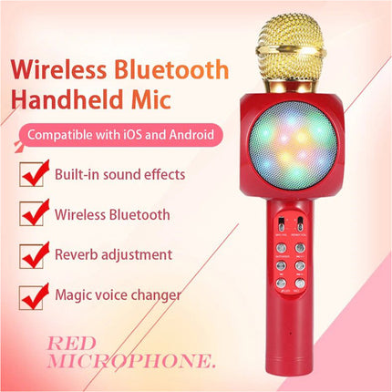 Bluetooth Wireless Handheld Microphone Built in Speaker Portable Karaoke Party Red