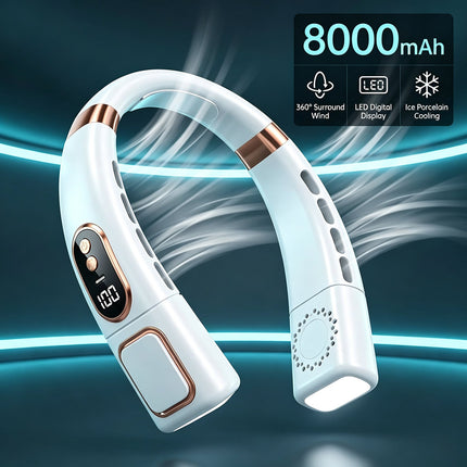 Upgraded 8000mAh Neck Fan Portable Cooler USB Rechargeable Cooling Lazy Neckband  White