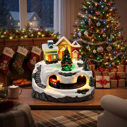 Resin Christmas Village House with Musical Light-Up Train & LED Lights
